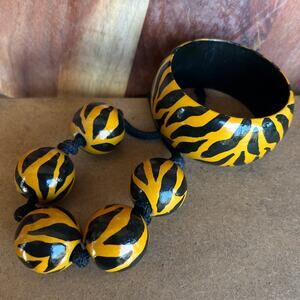 Vintage 70s Chunky Wooden Bangle Bracelet and Necklace Set Tiger Stripe Animal